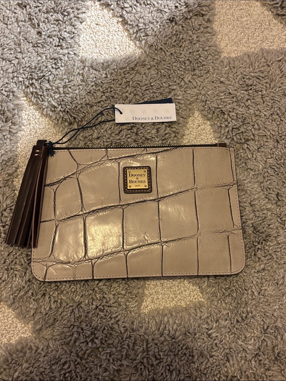 Dooney & Bourke Taupe Croc-Embossed Wristlet with Dark Brown Tassel